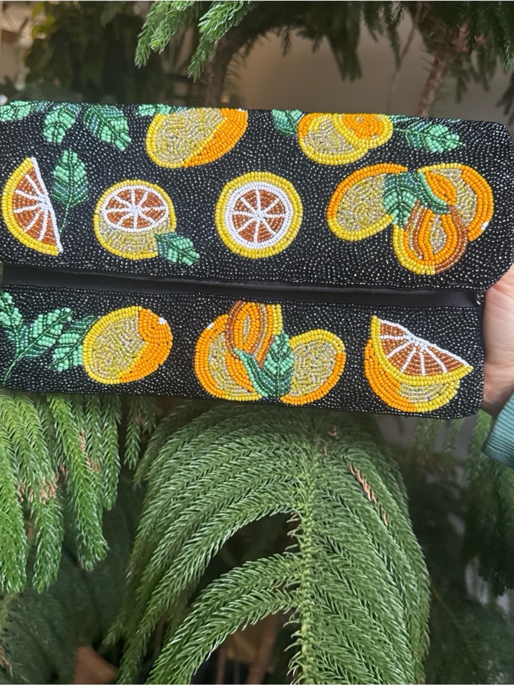 Beaded Citrus Black Fold-Over Clutch
